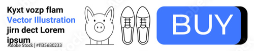 Piggy bank, pair of shoes, BUY button in blue. Ideal for e-commerce, finance, savings, shopping, online stores, investments, user interface design. Landing page