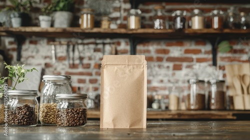 Kraft paper coffee bag mockup in rustic kitchen setting