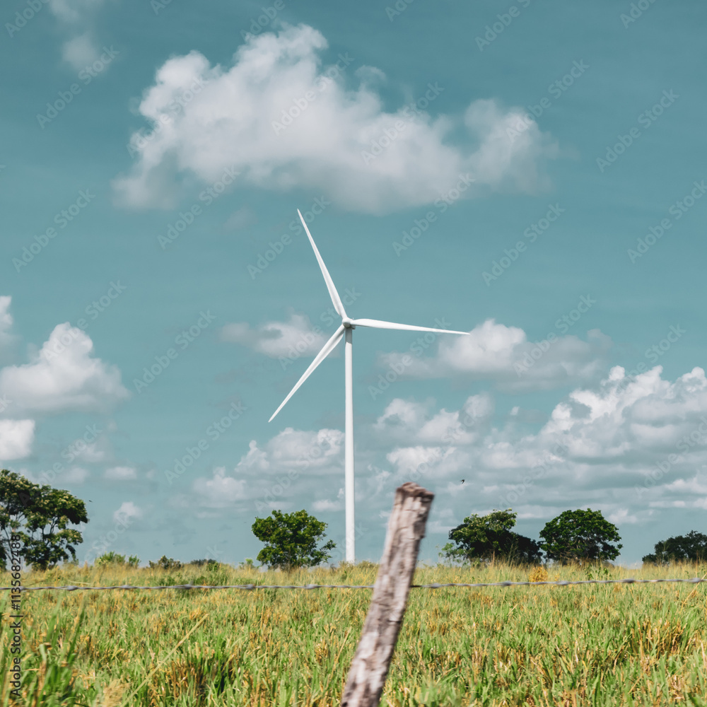 Fototapeta premium Eolic energy tower in a field surrounded by plants on blue sky