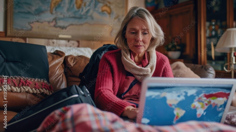 Obraz premium mature woman, laptop, travel options, home setting