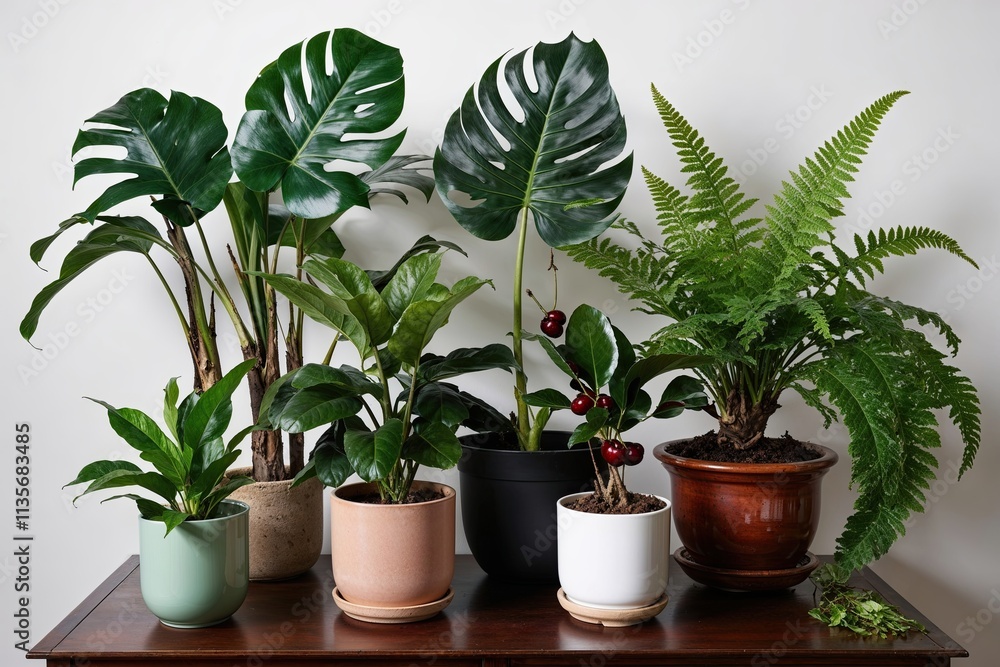Fototapeta premium Tropical Plant Collection Featuring Monstera Palm Rubber Plant Cherry and Fern Grouping