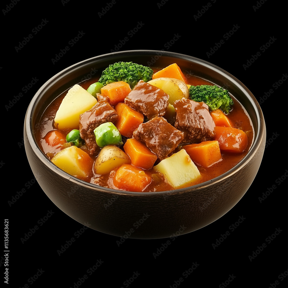 A bowl of chunky beef stew with vegetables, isolated on a white background, showcasing a hearty meal
A bowl of chunky beef stew with vegetables, isolated on a white background, showcasing a hearty meal