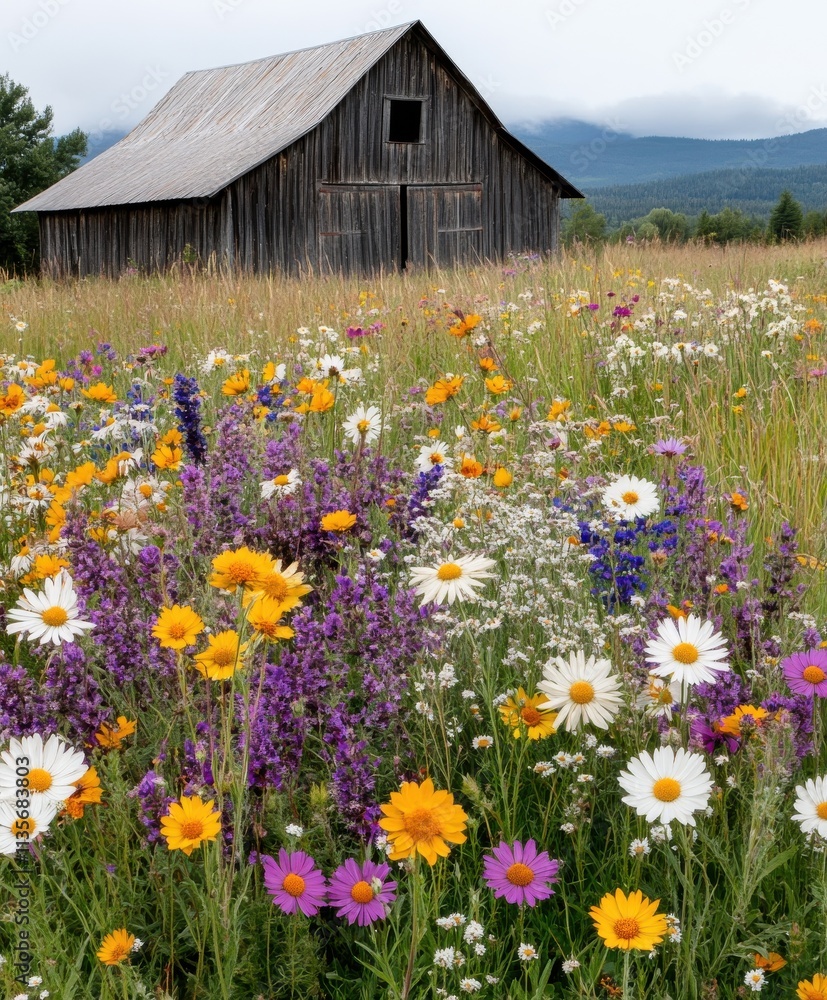Obraz premium Stunning Wildflower Meadow with Rustic Barn
