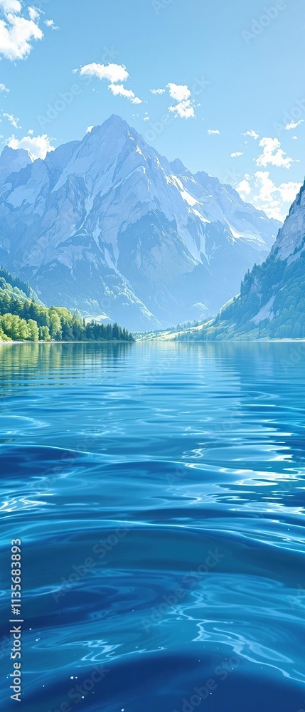 Naklejka premium Soft indigo waves gently roll over the blue shoreline of a serene mountain lake, indigo hue, wave on water