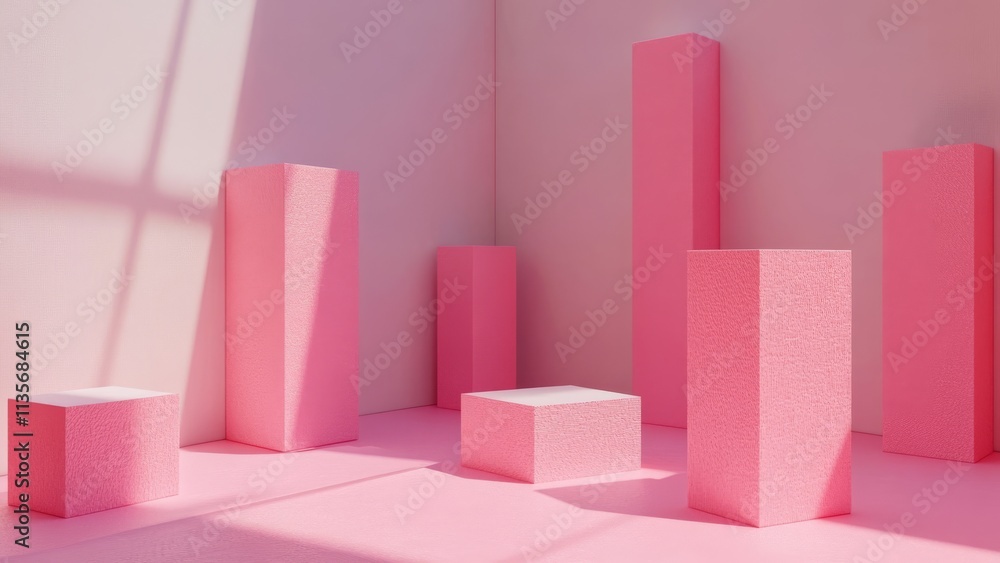 Art installation featuring pink geometric shapes in a bright space Art installation featuring pink geometric shapes in a bright space