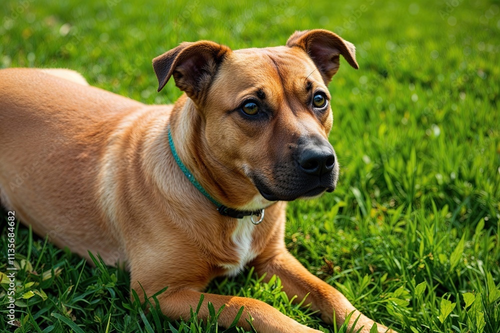 Tan Dog with Soulful Eyes on Vibrant Green Grass - Heartwarming and Relaxed Pet Image for Campaigns Tan Dog with Soulful Eyes on Vibrant Green Grass - Heartwarming and Relaxed Pet Image for Campaigns