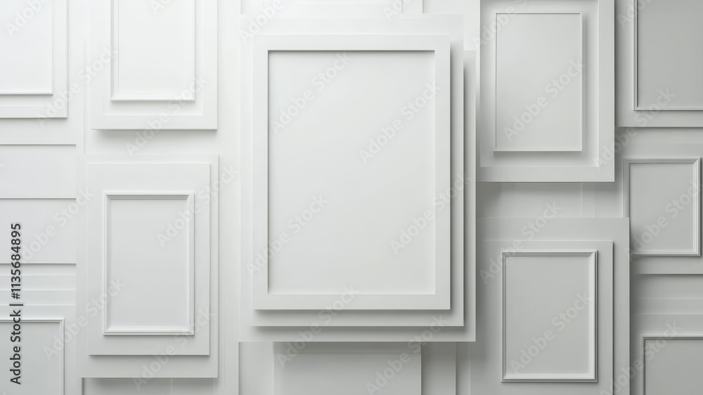 Variety of empty white picture frames on textured wall Variety of empty white picture frames on textured wall