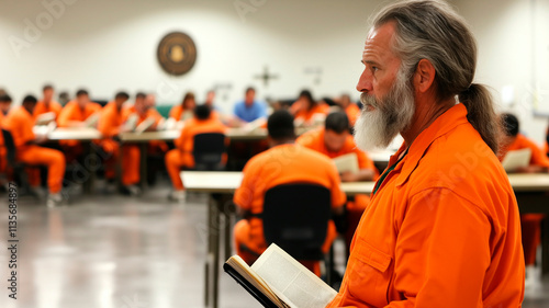 Inmates in orange uniforms reading in prison library education and rehabilitation theme
 photo