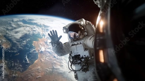 Fototapeta Naklejka Na Ścianę i Meble -  A Young Astronaut Posing in a Space Suit During a Spacewalk Outside a Spaceship, Satellite,  Station, Earth Background. Spaceman Looking at Camera, Smiling, and Waving Hello Next to an Entrance Hatch.