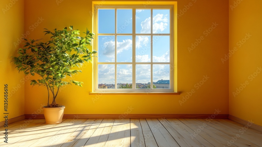 Bright yellow room with windows and a potted plant under daylight Bright yellow room with windows and a potted plant under daylight