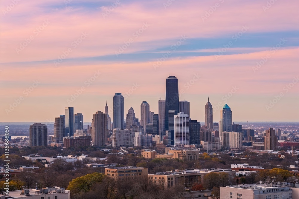 Fototapeta premium Bright City Skyline with Tall Buildings Against a Pastel Sky in a Panoramic Shot