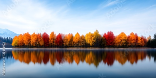 Rows of bright trees in shades of red, orange, and yellow stand along a tranquil lake, creating stunning reflections on the waters surface.