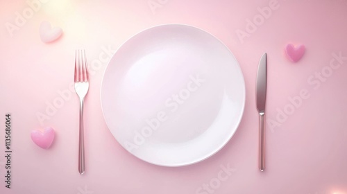 Table setup for a romantic Valentine's Day dinner featuring a white plate and silverware on a pink background photo