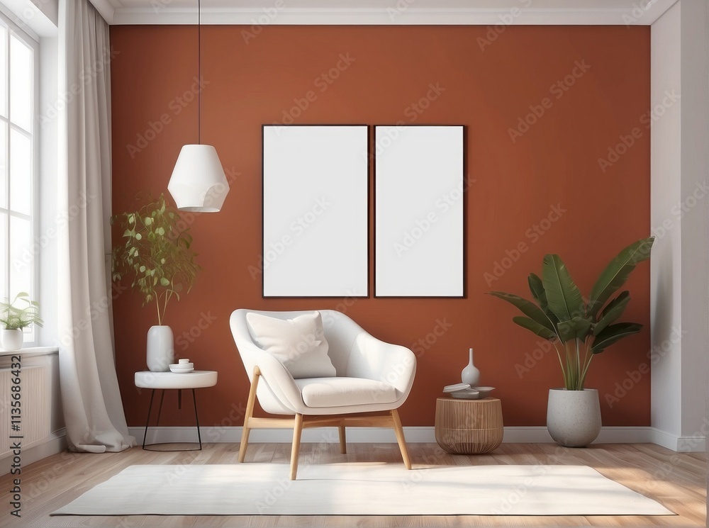 mock up modern interior with white chair in living room, Scandinavian style with empty wall, Burnt Orange mock up modern interior with white chair in living room, Scandinavian style with empty wall, Burnt Orange