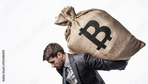 Bitcoin Burden: A businessman struggles under the weight of a giant sack of bitcoin, symbolizing the pressure and responsibility of digital currency.   photo