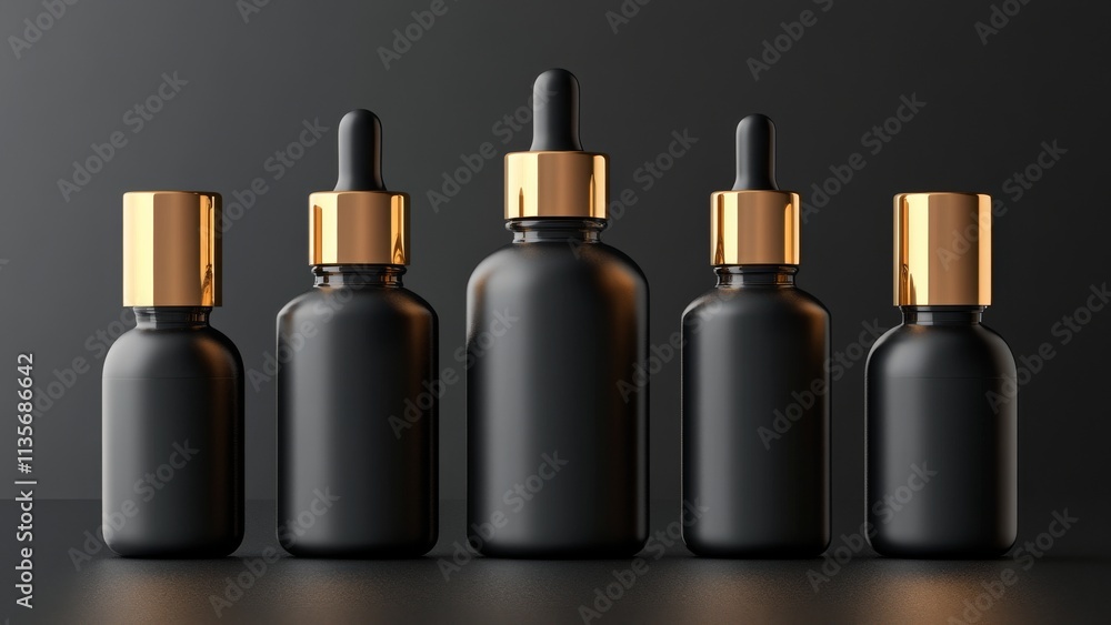 Elegant black bottles with gold caps arranged in a row Elegant black bottles with gold caps arranged in a row