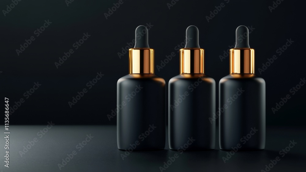 Elegant dark dropper bottles arranged against a sleek black backdrop Elegant dark dropper bottles arranged against a sleek black backdrop