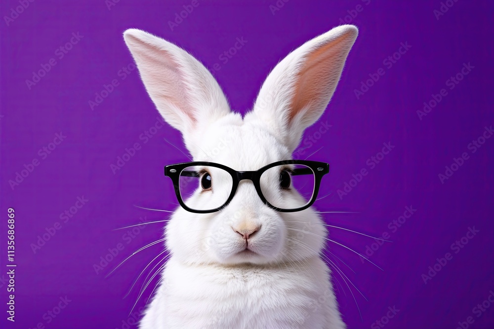 Quirky White Rabbit with Glasses Against a Vibrant Purple Background Quirky White Rabbit with Glasses Against a Vibrant Purple Background