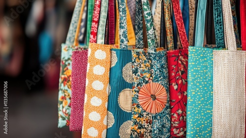 Always recycle, reuse, and seek renewal. Colorful fabric bags hanging in a market display. photo