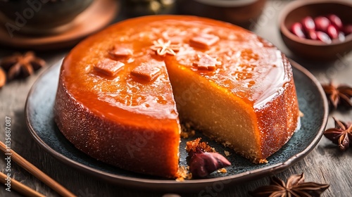 A traditional Chinese New Year cake, Nian Gao, made from glutinous rice flour, sugar, and water, steamed and sliced  photo