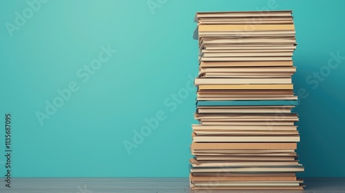 Always recycle, reuse, and seek renewal. Stack of books against a teal background on a wooden surface.