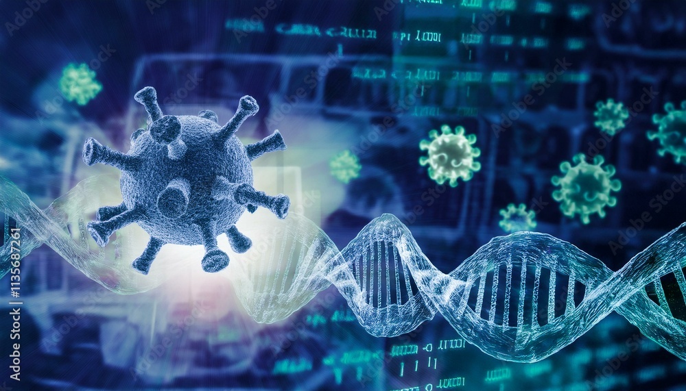 Unraveling the Mystery: A microscopic view of a virus, its intricate structure highlighted against a backdrop of swirling DNA strands. Unraveling the Mystery: A microscopic view of a virus, its intricate structure highlighted against a backdrop of swirling DNA strands.