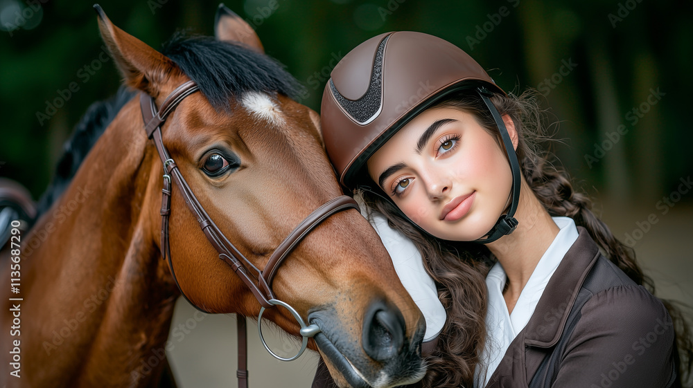 Obraz premium Equestrian Elegance, Young Woman in Riding Attire with Her Horse 