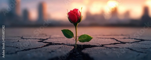 Illustration of a small rosebud blooming from a cracked urban road, with glowing petals symbolizing beauty and defiance against the backdrop of a towering city skyline