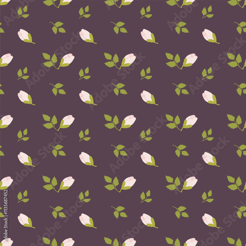 Seamless pattern of pink roses and green leaves on dark purple background.