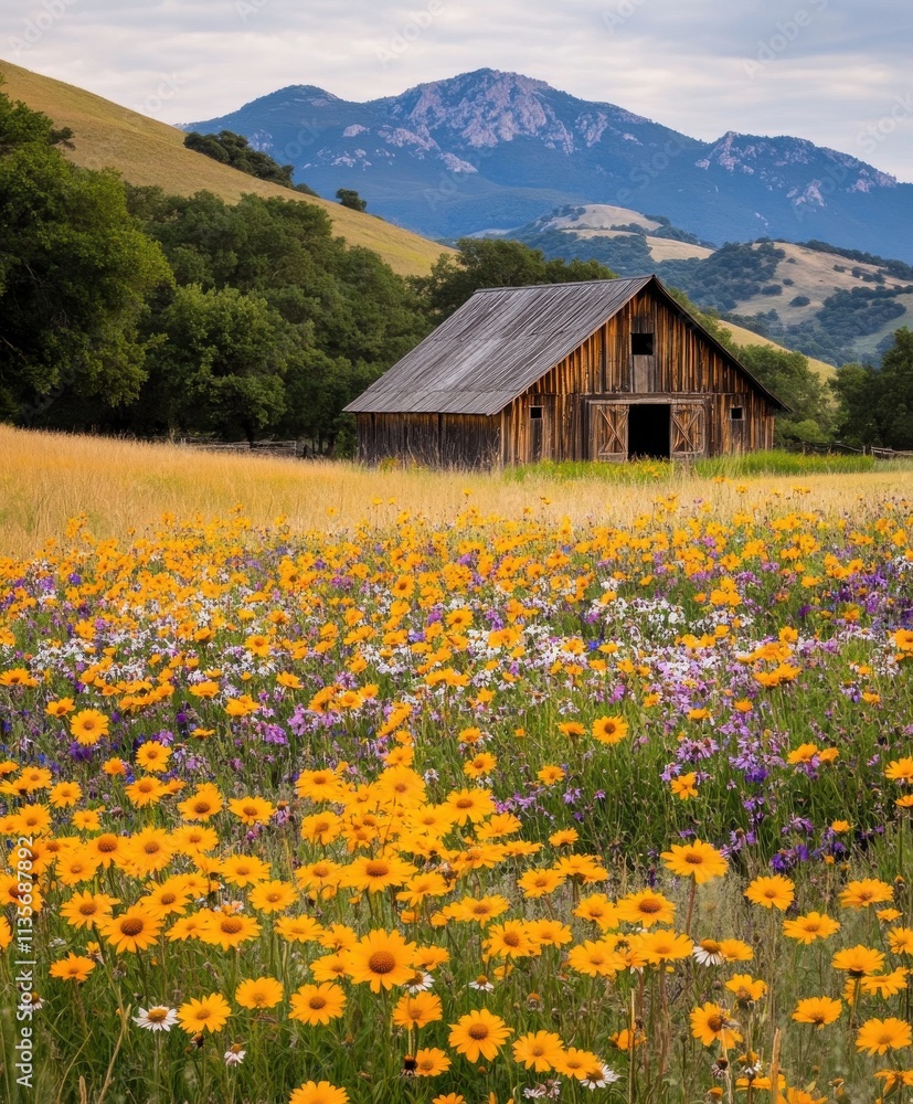 Fototapeta premium Wooden Barn Amidst Colorful Wildflowers and Mountains