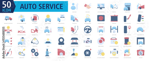 Auto Services Icon Set Color with mechanic, car diagnostics, painting, repair shop, and roadside assistance
