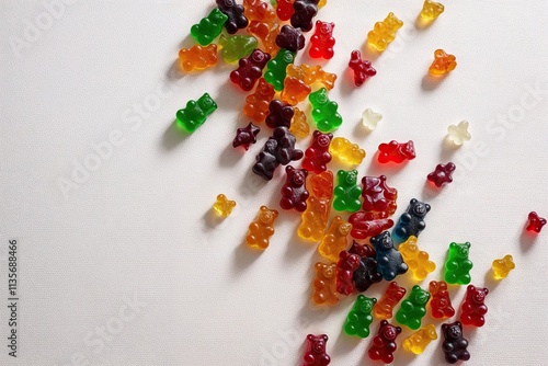 Colorful Chewy Gummy Bears Drifting on a White Canvas Backdrop photo