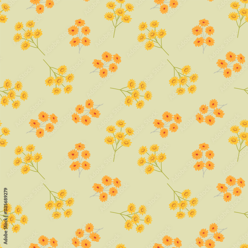 Obraz premium Bright yellow and orange floral pattern on light green background.