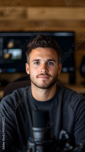 A young Dutch professional sits in a modern workspace, showcasing a confident smile. He is surrounded by multiple screens, indicating his role as a content creator.