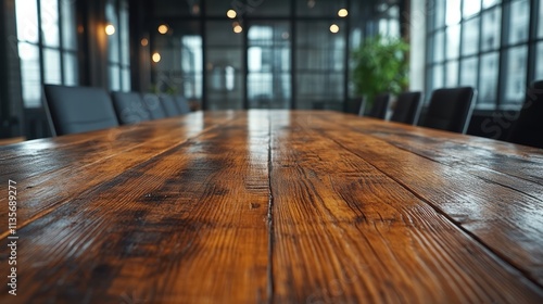 A close-up of the top edge wooden table in a conference room, with chairs and glass walls