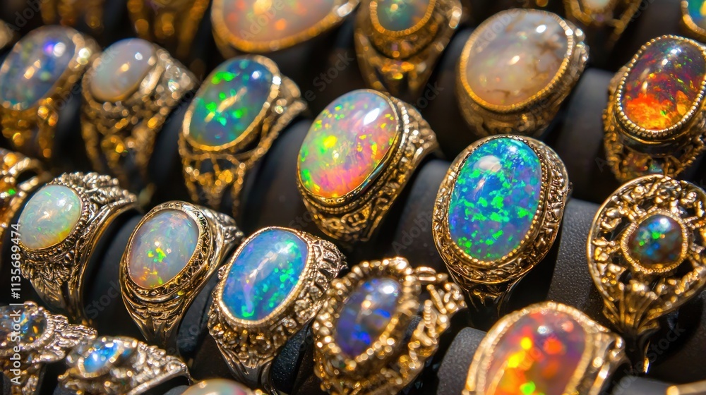 A collection of opal rings, each showcasing unique, colorful stones with mesmerizing patterns. A collection of opal rings, each showcasing unique, colorful stones with mesmerizing patterns.