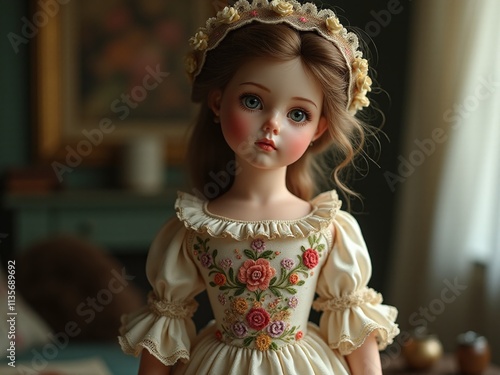 Victorian-style porcelain doll with a floral-embroidered dress