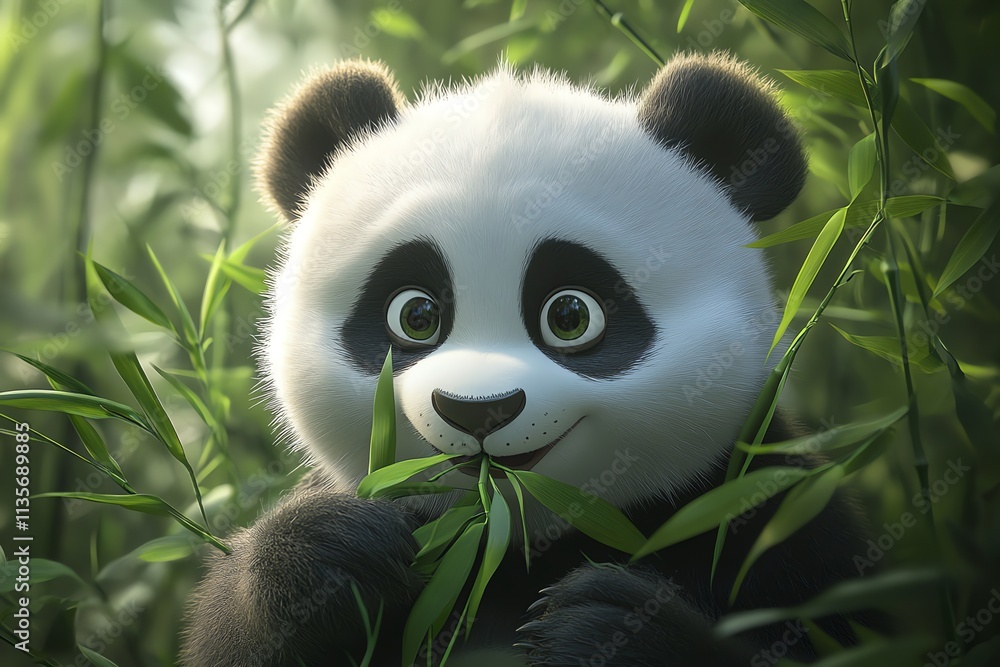 Fototapeta premium A cute panda munching on bamboo in a lush green setting.