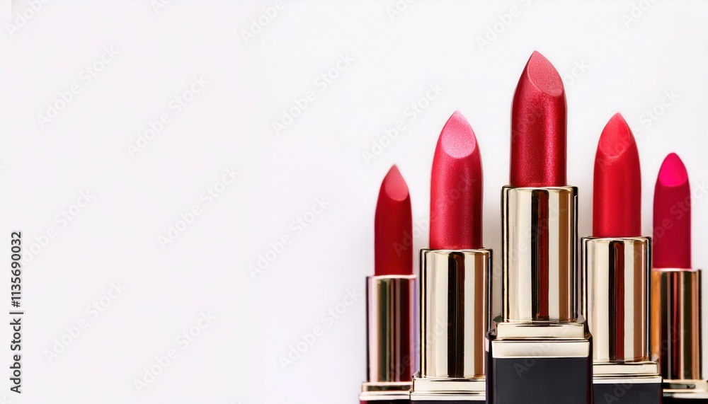 Red Lipstick Collection: A stylish flat lay showcasing an array of red lipsticks in varying shades, arranged elegantly against a clean backdrop. Perfect for beauty blogs, makeup tutorials. Red Lipstick Collection: A stylish flat lay showcasing an array of red lipsticks in varying shades, arranged elegantly against a clean backdrop. Perfect for beauty blogs, makeup tutorials.