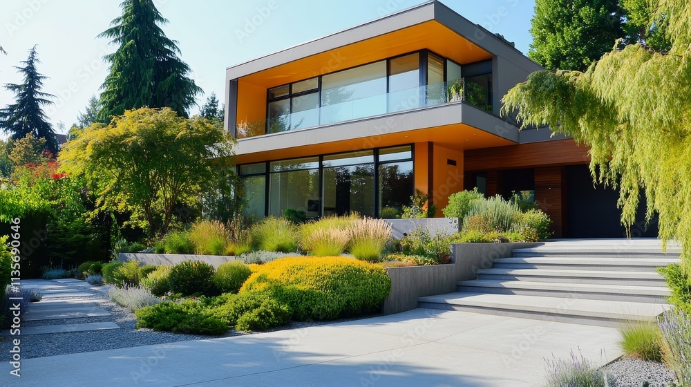 Modern house with large windows and landscaped garden. Modern house with large windows and landscaped garden.