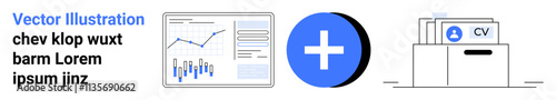 Graph with data charts, blue plus symbol, and file storage with CV icon, representing data analysis, adding features, document management, and CV organization. Ideal for business, data analysis