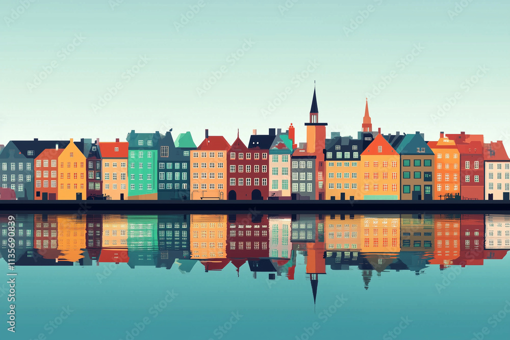 Copenhagen City Landscape, Minimal Style Background of Vibrant Multicolor Buildings View From Port, graphic Copenhagen City Landscape, Minimal Style Background of Vibrant Multicolor Buildings View From Port, graphic