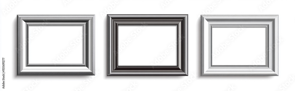 Set of silver picture frames with shadows isolated on a white background Set of silver picture frames with shadows isolated on a white background