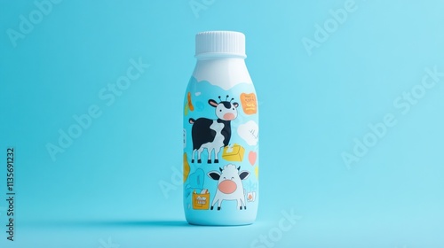 Dairy product in bottle with cow cartoon design on light blue background.