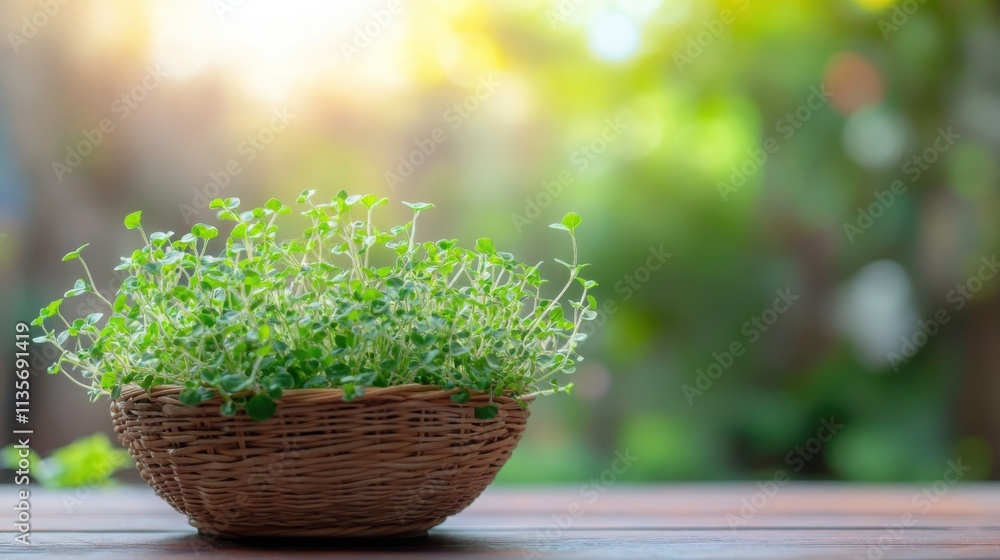 Fresh Oregano Leaves in Wicker Basket on Garden Table Fresh Oregano Leaves in Wicker Basket on Garden Table