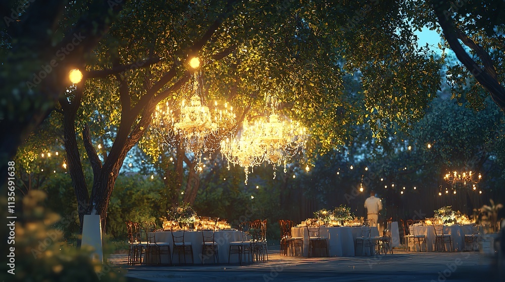 Fototapeta premium Outdoor Wedding Dinner Reception Under Trees with Elegant Lighting