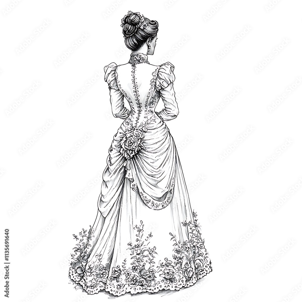 Fototapeta premium Back view of a woman in a vintage, ornate gown with floral detailing.