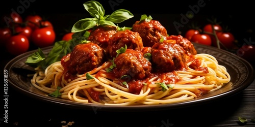 close-up Mouthwatering Plate of Spaghetti with Meatballs and Tomato Sauce 