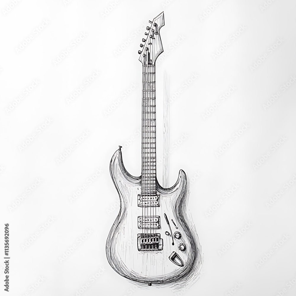 Fototapeta premium Pen and Ink Drawing of an Electric Guitar on White Background.