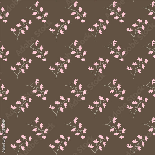 Delicate pink floral pattern on brown background.